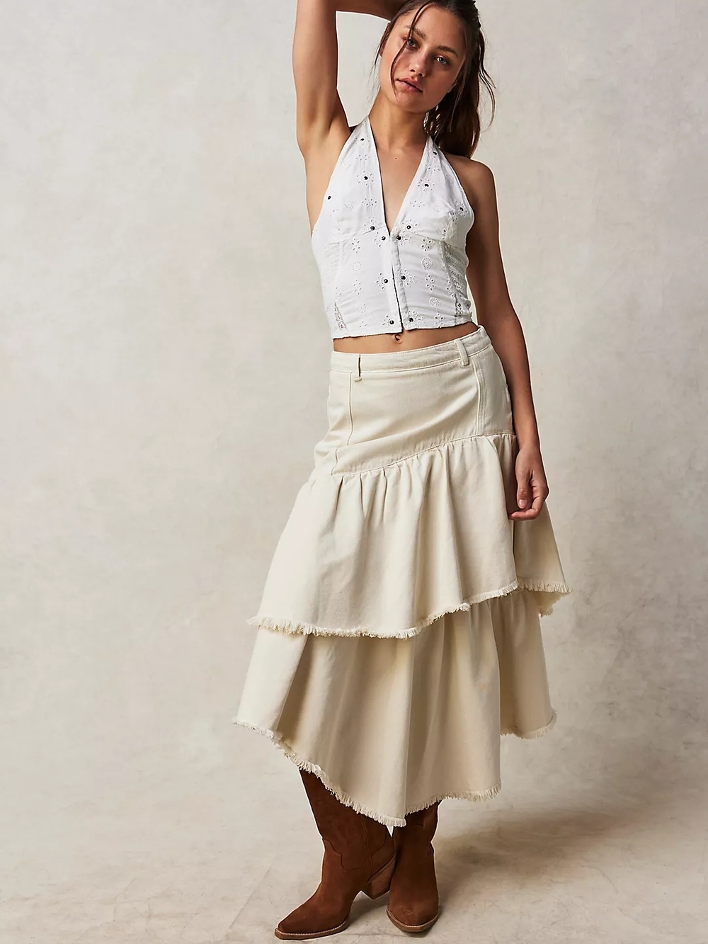 We The Free Cream Layered High-Low Midi Skirt